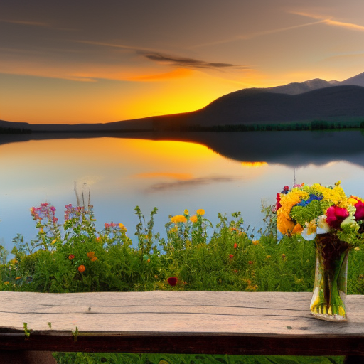old wooden bench with bouquet of flowers in the foreground, in the background lake in the valley and mystical sunset