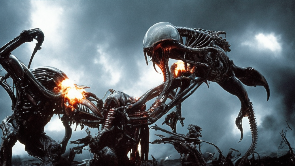 epic battle scene Alien versus Predator, the last stand, Epic Background, highly detailed, sharp focus, 8k, 35mm, cinematic lighting