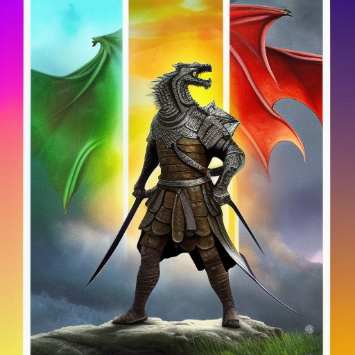Create an image of a brave hero standing in front of a Dragon. The hero should be holding a sword and have a determined look on their face, ready for battle. In the background, there should be a grand and mystical castle, surrounded by lush green forests and rolling hills. The colors used should be vibrant and the overall scene should give off a sense of adventure and excitement. digital painting, by Stanley Artgerm Lau, Sakimichan, WLOP and Rossdraws, digtial painting, trending on ArtStation, SFW version
