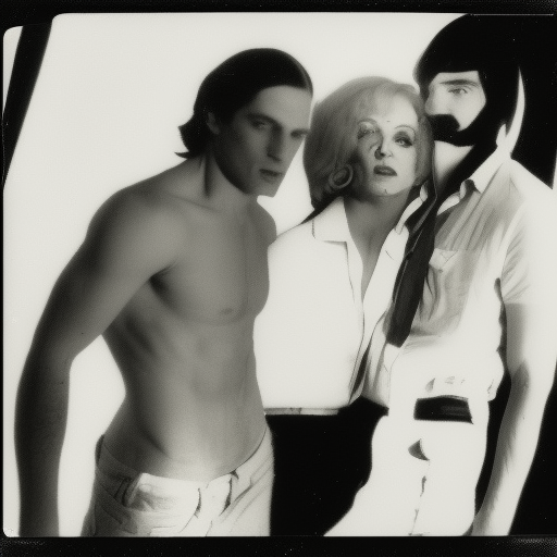 long shot, Joe Dallesandro  in white button down shirt and Holly Woodlawn at party in downtown loft, anatomically correct, vintage polaroid photography by andy warhol