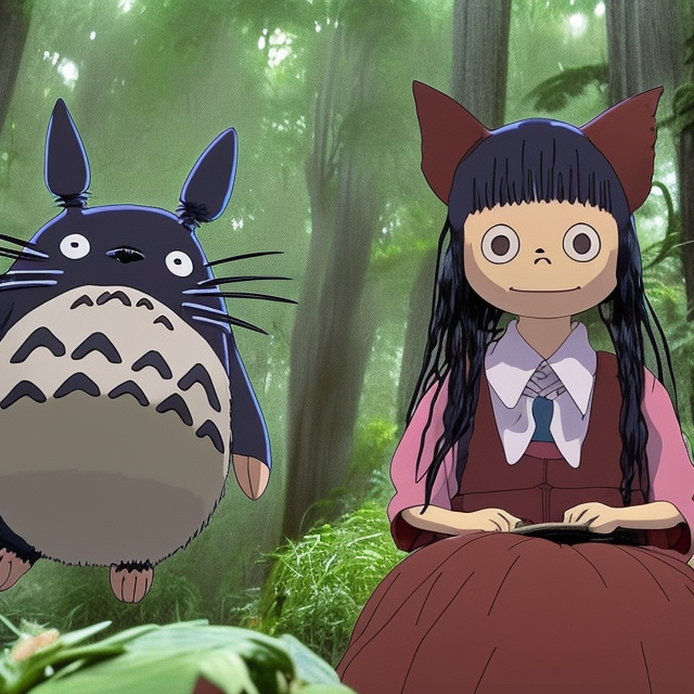 tim burton's My Neighbor Totoro anime remake, live action, woman with black hair in a red dress, dark comedy, gothic in the forest, production photo