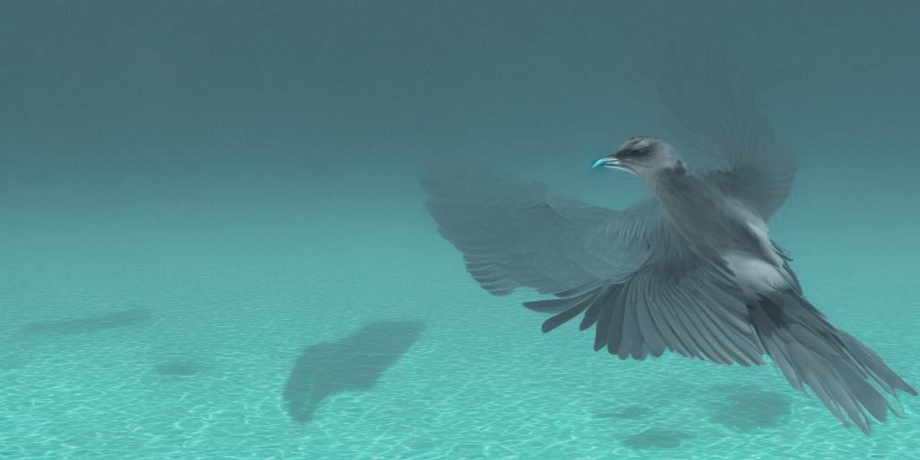 a 3d rendering of A bird's corpse under water