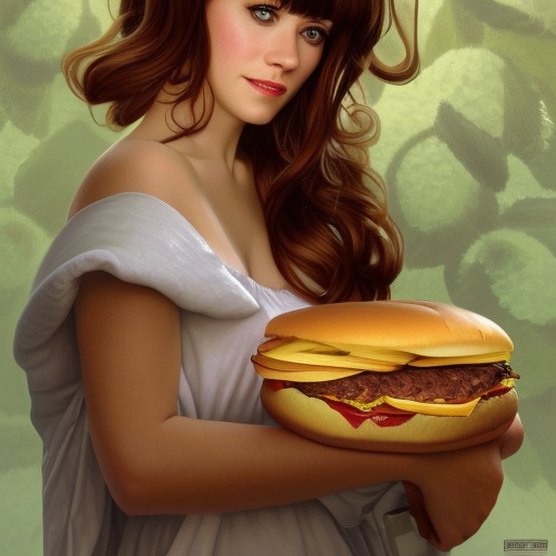 portrait of Zooey Deschanel eating hamburgers, extra onions and ketchup, luscious patty with sesame seeds, feminine ethereal, handsome, D&D, fantasy, intricate, elegant, highly detailed, digital painting, artstation, concept art, matte, sharp focus, illustration, art by Artgerm and Greg Rutkowski and Alphonse Mucha