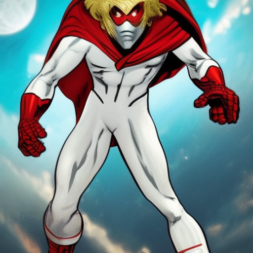 gallant superhero, in a white uniform, red details, red cape, red boots and gloves, white mask with blond hair showing, symbol of a letter V on the golden colored forehead. put a white mask over his face, marvel style, with a symbol on his forehead in the shape of the letter V.