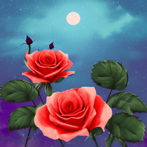 dying rose in the moonlight with vibrant colors and subtle background scenery 