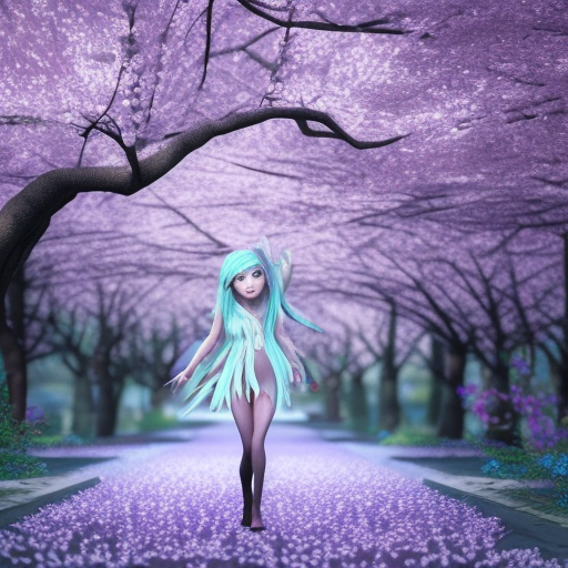 desktop background of a beautiful blue-silver haired elf woman wandering in a pink Japanese Cherry blossoms forest at night, unreal engine 5, 3D, fairy lightning, blurry background, ultra realistic, ultra detailed, lifelike, masterpiece, 16K