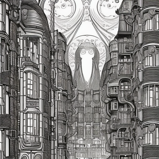 Create a sci-fi Victorian cityscape inspired by Louis Wain's artwork from 1920, using the golden ratio as a guide for the composition. Use sharp linework and clean strokes to create sharp edges and emphasize the geometric elements of the scene. Keep the colors flat and use cell shading, inspired by the style of Moebius and Jean Giraud, to give the image a graphic, comic-book-like quality.8k 