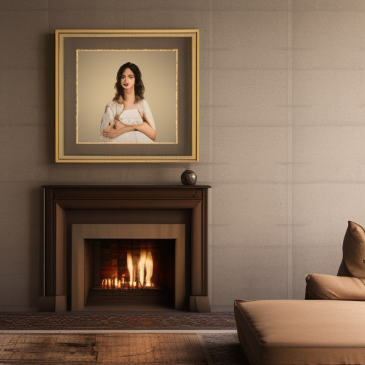 Spanish style living room with large fireplace but empty wall ultra-realistic portrait cinematic lighting 80mm lens, 8k, photography bokeh oil painting on canvas