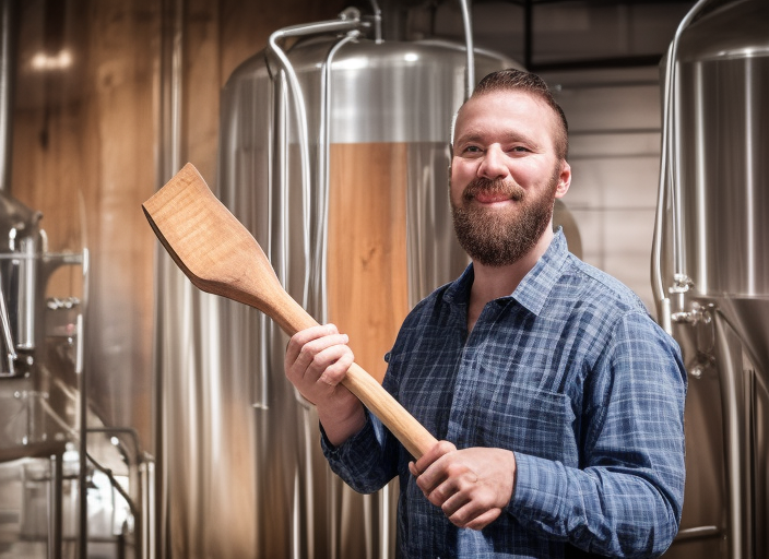 a brewer man, holding a wooden brewery shovel over his right shoulder, and with a blurred background of a brewery, hyper realistic, 8k ultra-realistic portrait cinematic lighting 80mm lens, 8k, photography bokeh