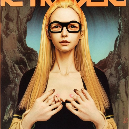 scifi,conceptual art, beauty android girl, long blonde hair,wearing glasses , in a space city,full body, perfect hands and fingers,extremely detailed face, anatomically correct, highly detailed, symmetrical, art by Artgerm, Frank Frazetta, Norman Rockwell, Tsutomu Nihei, 4k,8k,hd Ukiyo-e Japanese woodblock