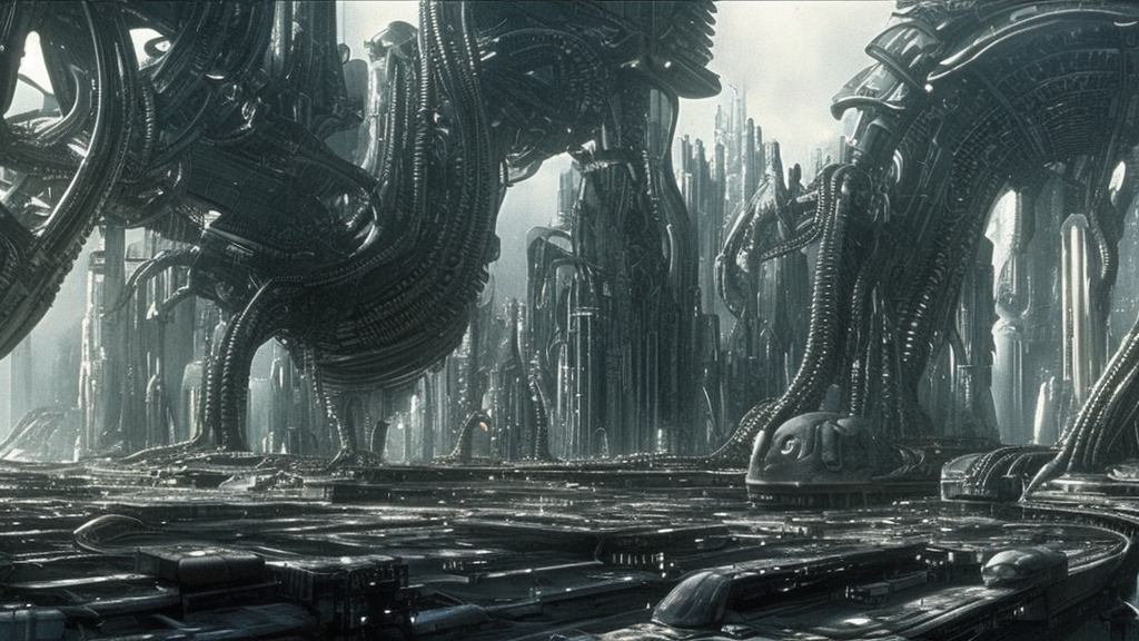 photorealistic scene from aliens movie, hr giger spaceship lands in a futuristic city