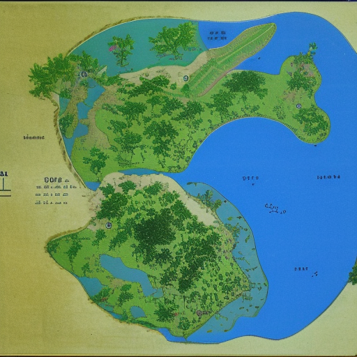 map of a farming nation on an island with large central lake that is 75% of the size of the island, among many islands in an ocean
