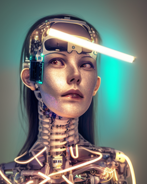 photo of dreamy female as a solarpunk cyborg with fluorescent lamps over face, robotic body parts around neck, real human face with skin, ultra - realistic and detailed, long exposure, soft focus hdr 8 k