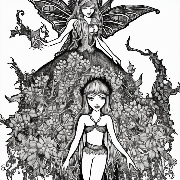 Fantasy Fairy  and village enchanted about Cult of Ix,  black and white, very detailed,  image for Coloring Book for adults, Full of Whimsical Black Line and Grayscale Images, 8k, white background --q 5 --v 5