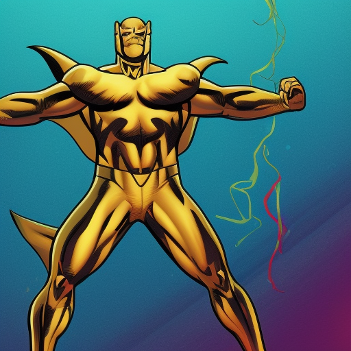 A Superhero character with golden muscular body and fins on back