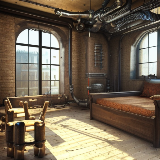 steampunk room with lots of pipes, octane render, 3D art, ultra realistic, large windows, bedroom, cosy bed