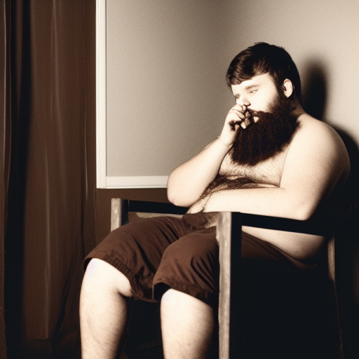 young man, chubby, short beard, scruffy brown hair, smoking weed, chair, dark room