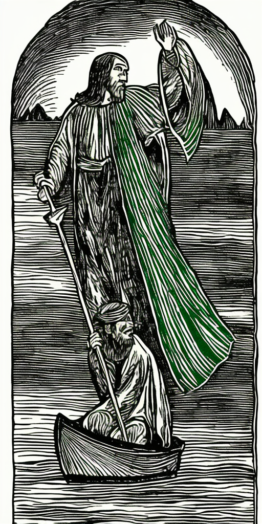 prophet wearing dark green cape standing on a fish in boat dark ,black and green woodcut style