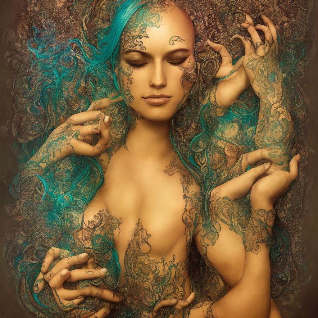 a centered render of a alluring festival hippie with tribal tattoos surrounded by a underwater ink pour and flowing liquid galium and sacred geometry, perfect body face and hands, powerful, cinematic, beautifully lit, by artgerm, by karol bak, by donato giancola, by beeple, 3 d, trending on artstation, octane render, 8 k