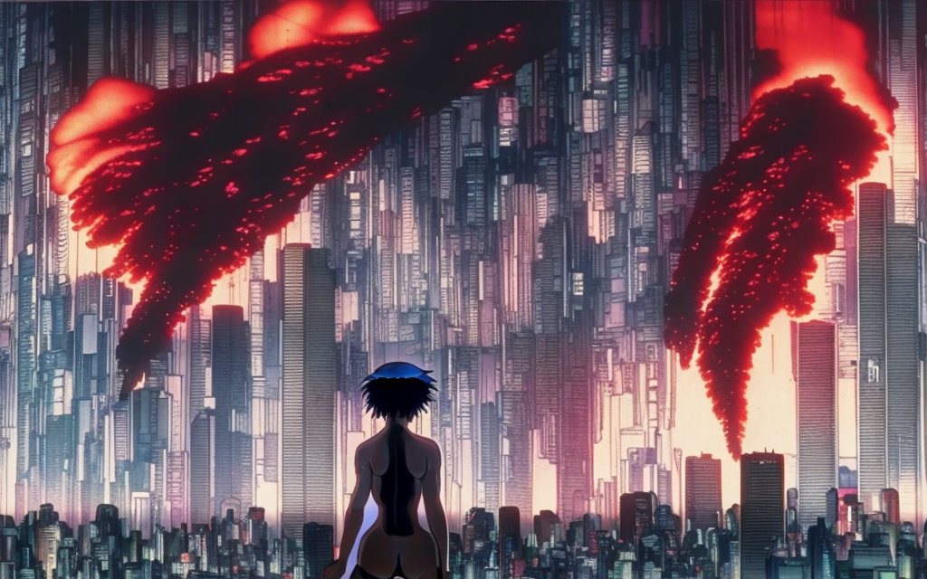 realistic ghost in the shell feeling of being above a city on fire


