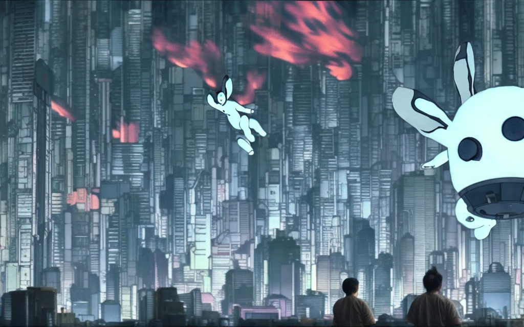 very realistic ghost in the shell flying building made of parts and rubbish on fire being attacked by cute giant fluffy bunnies