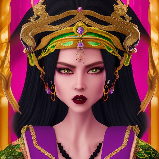 snake empress. with large headdress, in a royal palace. red cosmo in background. long purple and black Dress. Green skin. braids in hair. 4k. photo realistic, Cinematic Lighting, mythological background, soft light, peaceful look