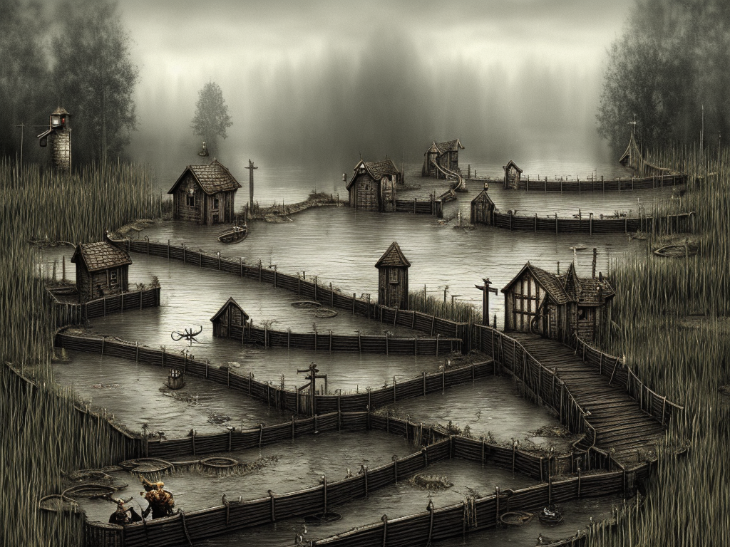 dark medieval wide straight river, Warhammer fantasy, lock with two sluices, levelled water, lock gates, one house, rocks, summer, trees, nets, fishing, fish, water-lily, boat, black adder, muddy, puddles, misty, overcast, Dark, creepy, grim-dark, gritty, detailed, realistic, illustration, high definition
