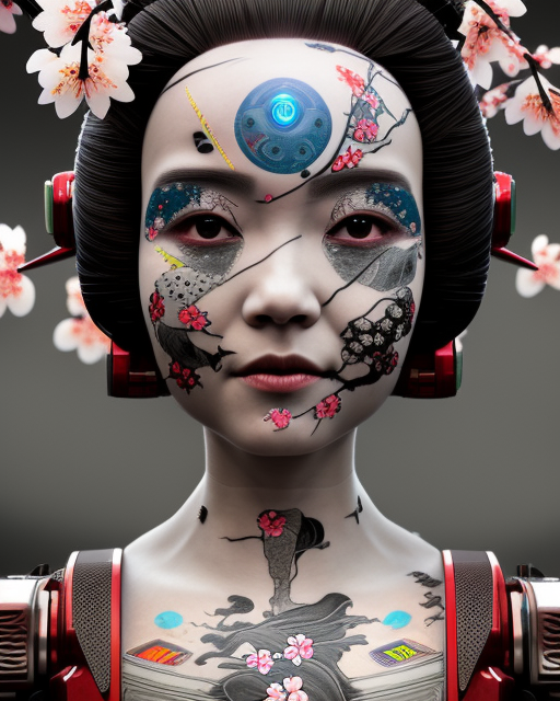 an epic fantastic realism comic book style portrait painting of a japanese robotic geisha with kanji tattoos and decals, cherry blossom rain everywhere, apex legends, octane render, intricate detail, 4 k hd, unreal engine 5