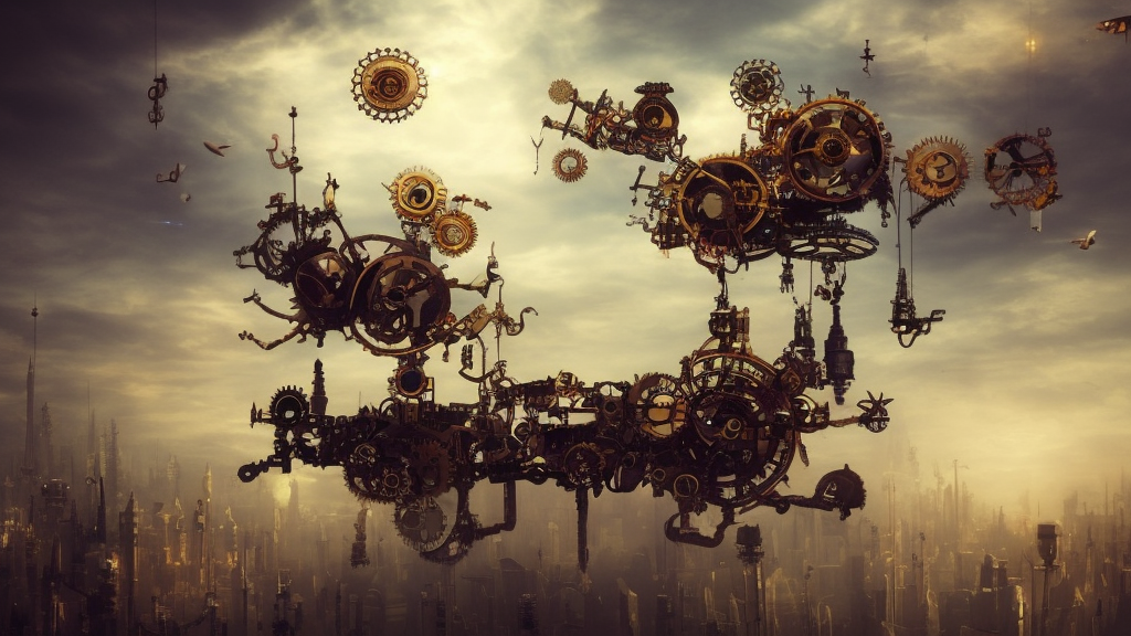 flying city in a mechanical flower, sky, steampunk!!!, fantasy art, steampunk, masterpiece, octane