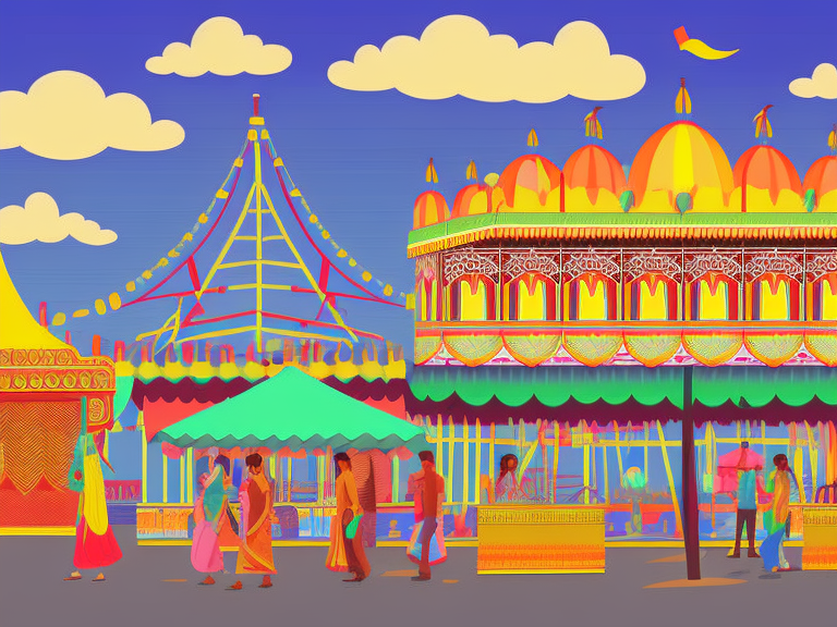 empty indian mela scene, many stalls, many rides and roller-coaster behind in background, vector art , sunny bright sky, perspective, highly detailed ,
