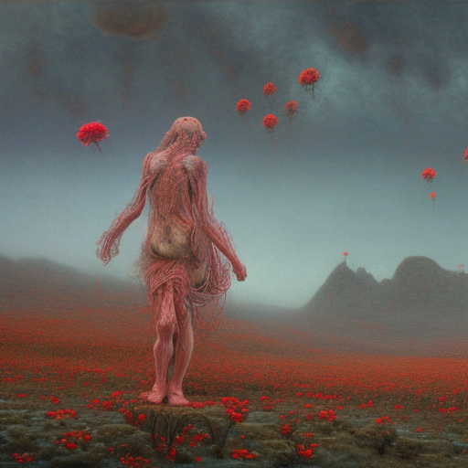 A woman wearing clothes made out of thunder clouds and flowers, giant monsters in the background, red skin, Masterpiece, glowing, wires everywhere, by Edgar Maxence and Ross Tran, Zdzisław Beksiński, and Michael Whelan, distant, gustav dore, H.R. Giger, 8k, octane render