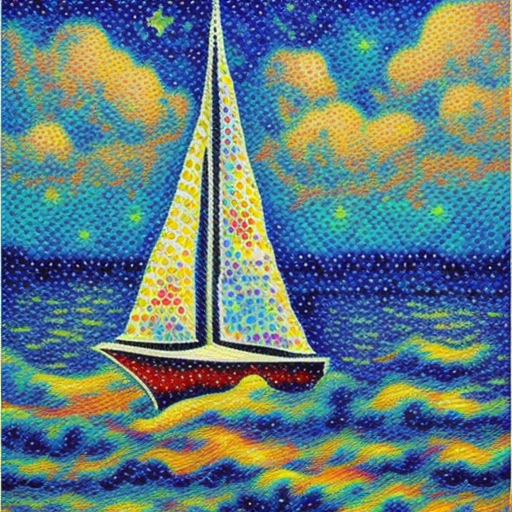 Pointillism style, yacht, sail, black sea, stars and romantic surroundings oil painting on canvas