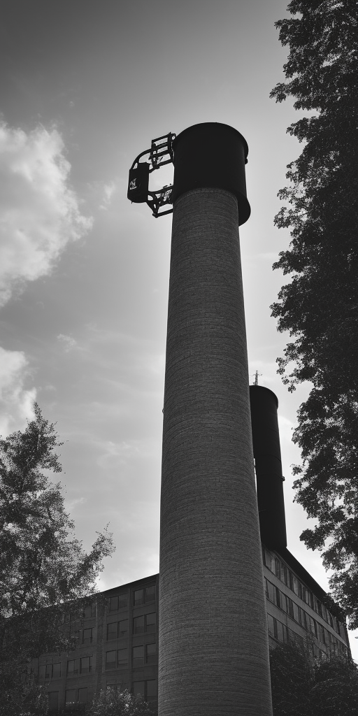 A black and white artstation of a factory in Wuppertal, a very close-up shot. It is a clear and bright day. In the center of the image, a brick chimney stands tall, dominating the top half of the picture. In the background, behind the industrial building, there is a tree. Everything else is hidden in deep shadow except for the chimney. The chimney, as the tallest object, rises stretches towards the light of the sun, as if it were a tree turning towards its source of food. The tree, which is just a tree, is only a dark outline in comparison. Would it be too deep to say that here, the capitalist human work rises above natural creativity, showing its strength and pride without realizing that its downfall is already inherent in this outstanding pride? Or is a chimney sometimes just a chimney?