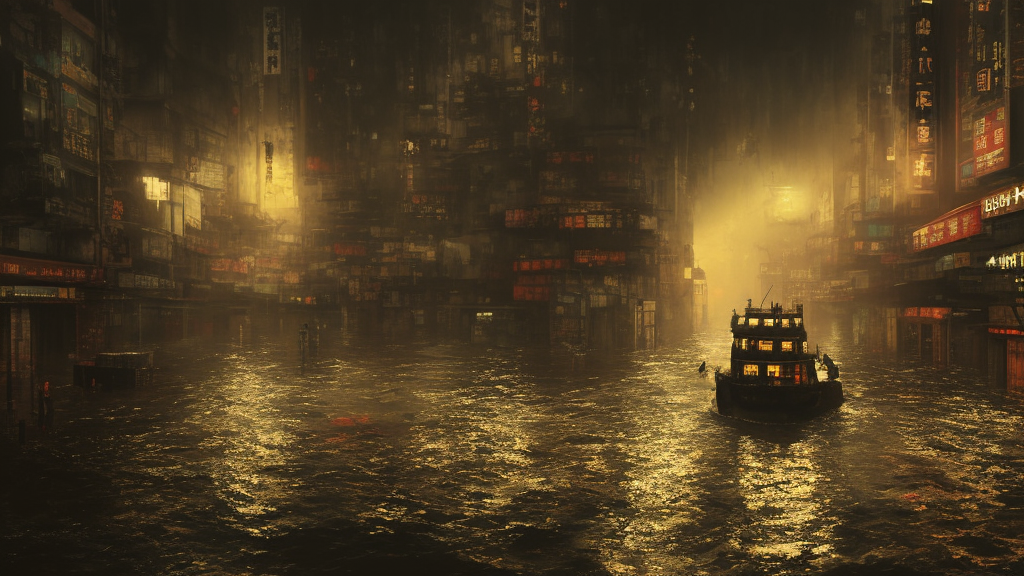 dramatic Photorealistic, Matte Painting of a tug boat with bright head lights exploring a busy post apocalyptic flooded Hong Kong city street at night,dark Tall buildings by Greg Rutkowski,Craig Mullins,Hyperrealism,Beautiful dramatic moody lighting,Cinematic Atmosphere,Volumetric,VRay Rendering,8K