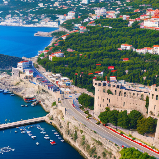 Aerial view of the seafront of the city of Kavala in Greece with the castle and the roman aqueduct. Planted with trees and full of shaded areas.