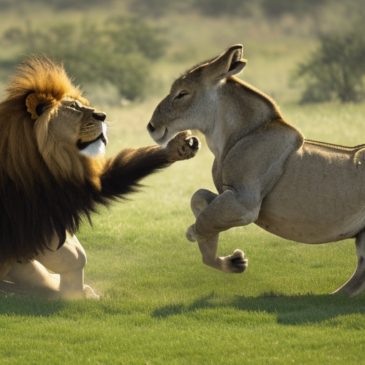 A lion fights a donkey
