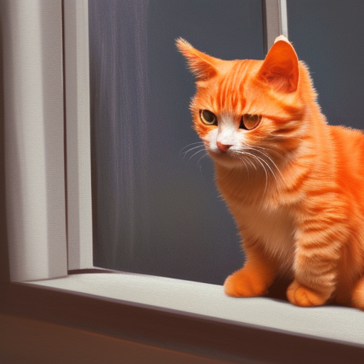 Low angle view. A super cute baby orange cat lying on the windowsill with big innocent eyes, unhappy, adorable, wronged face. photography, bright, light transmitted through the window, realism, octane engine render, oil painting on canvas