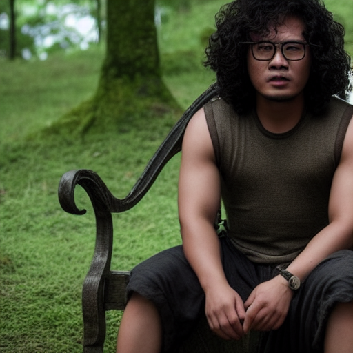 a malaysian man wearing shorts with curly hair and glasses in a film still scene from game of thrones, full body shot