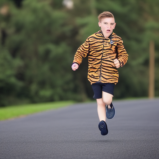A teenage tiger wearing a suit jacket and running shorts