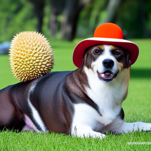 photo of a dog wearing a hat on its head. the hat is shaped like a durian, photorealistic, 8k.