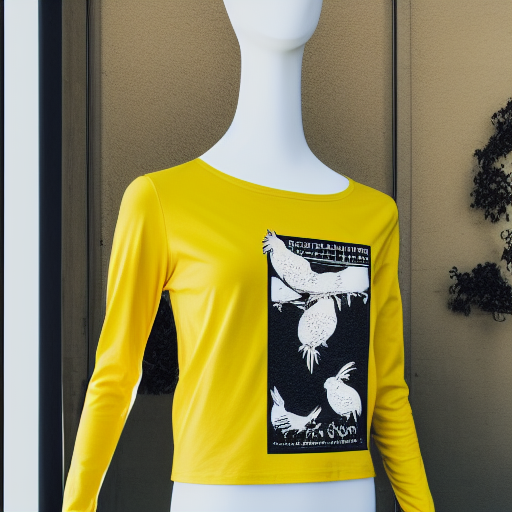 Vintage style long sleeve yellow t shirt with a chicken graphic, worn by a headless store display mannequin, natural daylight, 45mm lens, 4k, clean, high quality material
