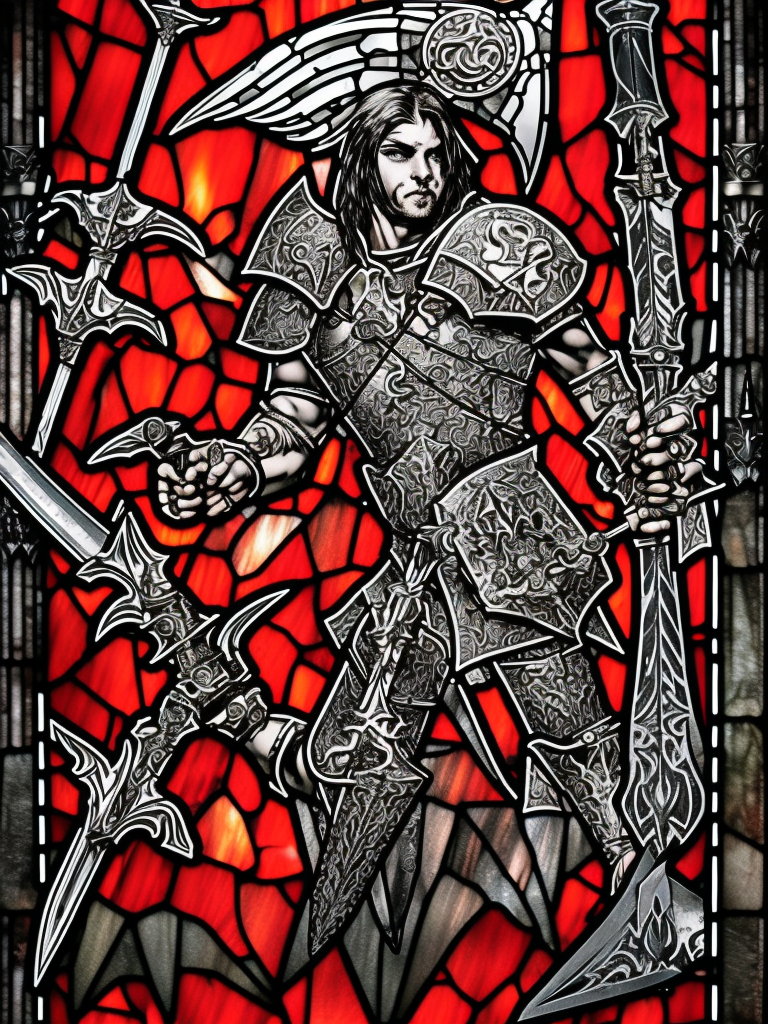stained glass, a young aggressive evil demonic gladiator holding a big demonic sword, Warhammer fantasy, Diablo, intricate details, black and red, grim-dark, detailed