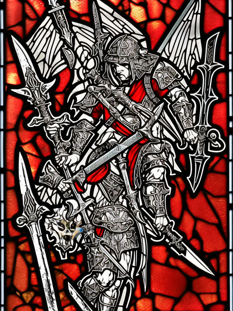 stained glass, a young aggressive evil gladiator holding a big demonic sword, Warhammer fantasy, Diablo, intricate details, black and red, grim-dark, detailed