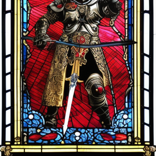 a young evil satanic triumphant gladiator with a big demonic sword, Warhammer fantasy, stained glass, black and red, gold and blue, grim-dark, detailed