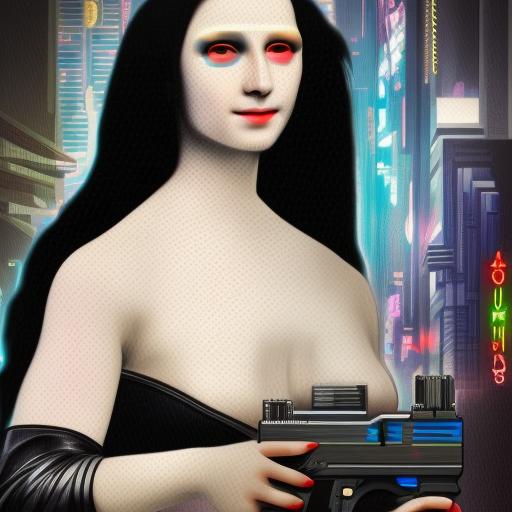 Cyberpunk mona lisa, cyborg, lazer gun, cyberpunk in a cyberpunk city ultra-realistic portrait cinematic lighting 80mm lens, 8k, photography bokeh