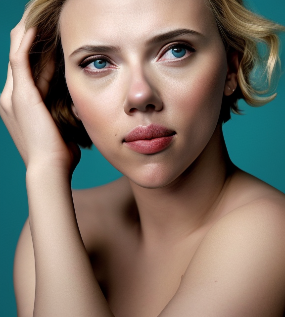 portrait photo of Scarlett Johansson:: symmetric face, symmetric eyes, slight smile, photo by Annie Leibovitz, 85mm, teal studio backdrop, Getty images