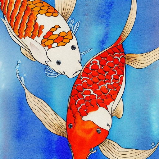 watercolor of beautiful drawing koi fish style by Cheng Khee Chee, 4k, very detailed, very intrincated details, imaginative, armony, water, air, soft, decorative, masterpiece, no two heads, no deformation, no two tails, no signature, no watermark, no cropped, no out of frame, 4k, soft colours