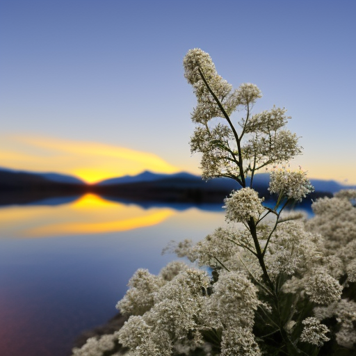 one Edelweiss on the mountain, a lake in the valley, sunset in the background