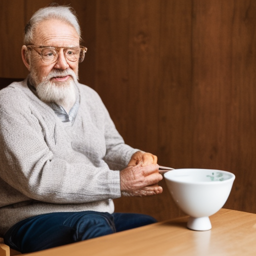 Create an image of a 60-year-old man sitting on a wooden chair and eating soup. Marks the passage of time on his face and makes it with a hyperrealistic style ultra-realistic portrait cinematic lighting 80mm lens, 8k, photography bokeh