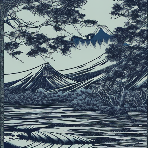 dan mumford pen blue ink Engraving  high quality landscape Japanese 
